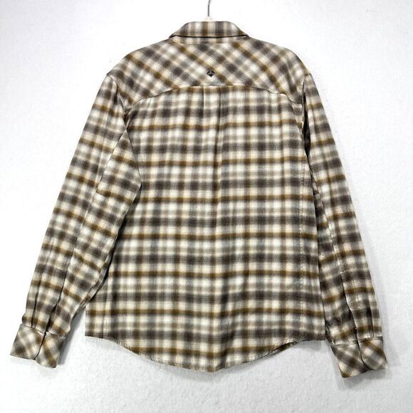 Prana Shirt Men M Cream Tan Grey Plaid Flannel Outdoor Hiking Zipped Pockets - Picture 2 of 10